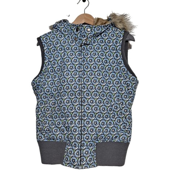 Aeropostale Down Puffer Vest Woman Size Large Faux Fur Lined Gray Blue Flower - Picture 1 of 11